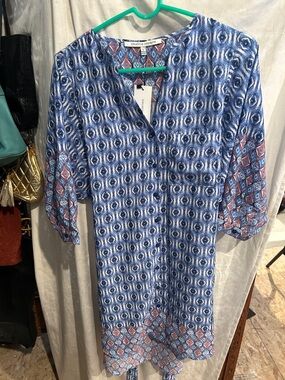 Collective Concepts Blue Printed Midi Dress with Pink Accent